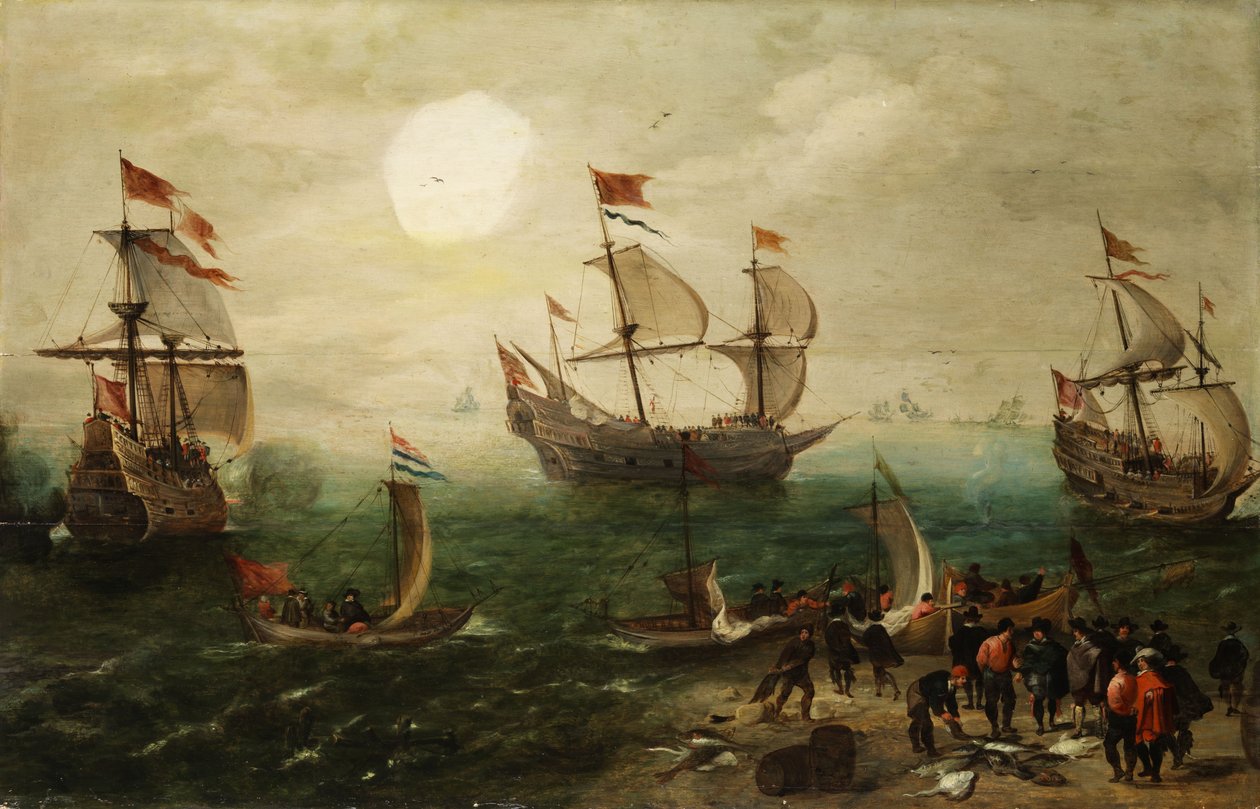 Námořní kousek se třemi velkými plachetnicemi od Pieter Cornelisz. Verbeeck