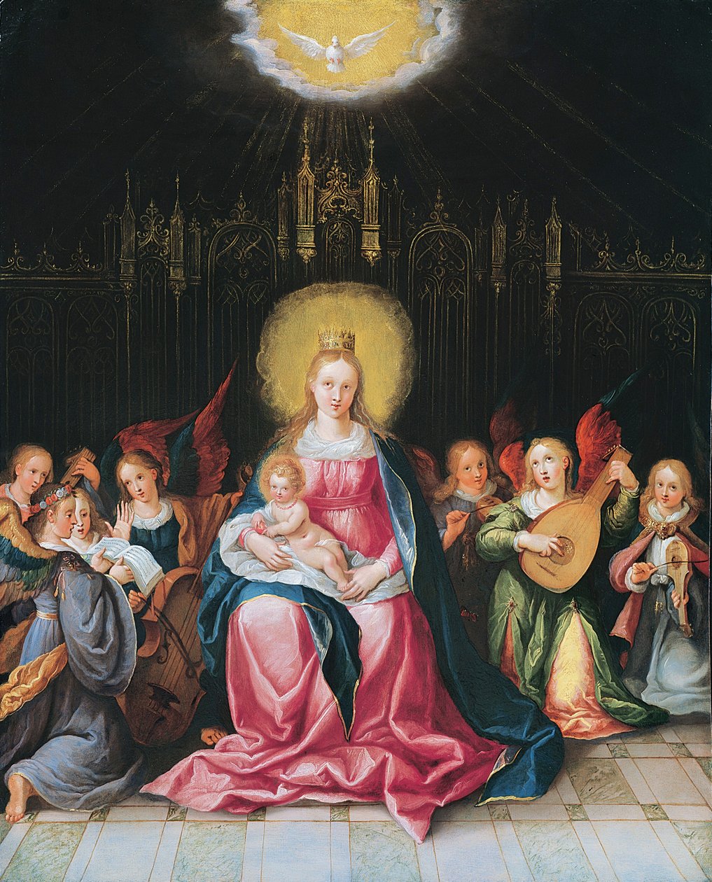 Panna s dítětem obklopená sedmi hudebními anděly (olej na mědi) od Cornelis de Baellieur