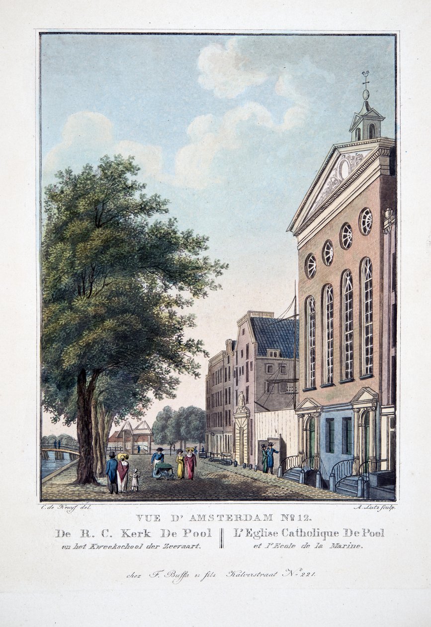 Pohled na Amsterdam č.12. De R.C. Kerk De Pool ve škole Kweekschool der Zeeraart. De Pool katolická církev a námořní škola, 1825 (ručně kolorovaná rytina) od Cornelis de Kruyff