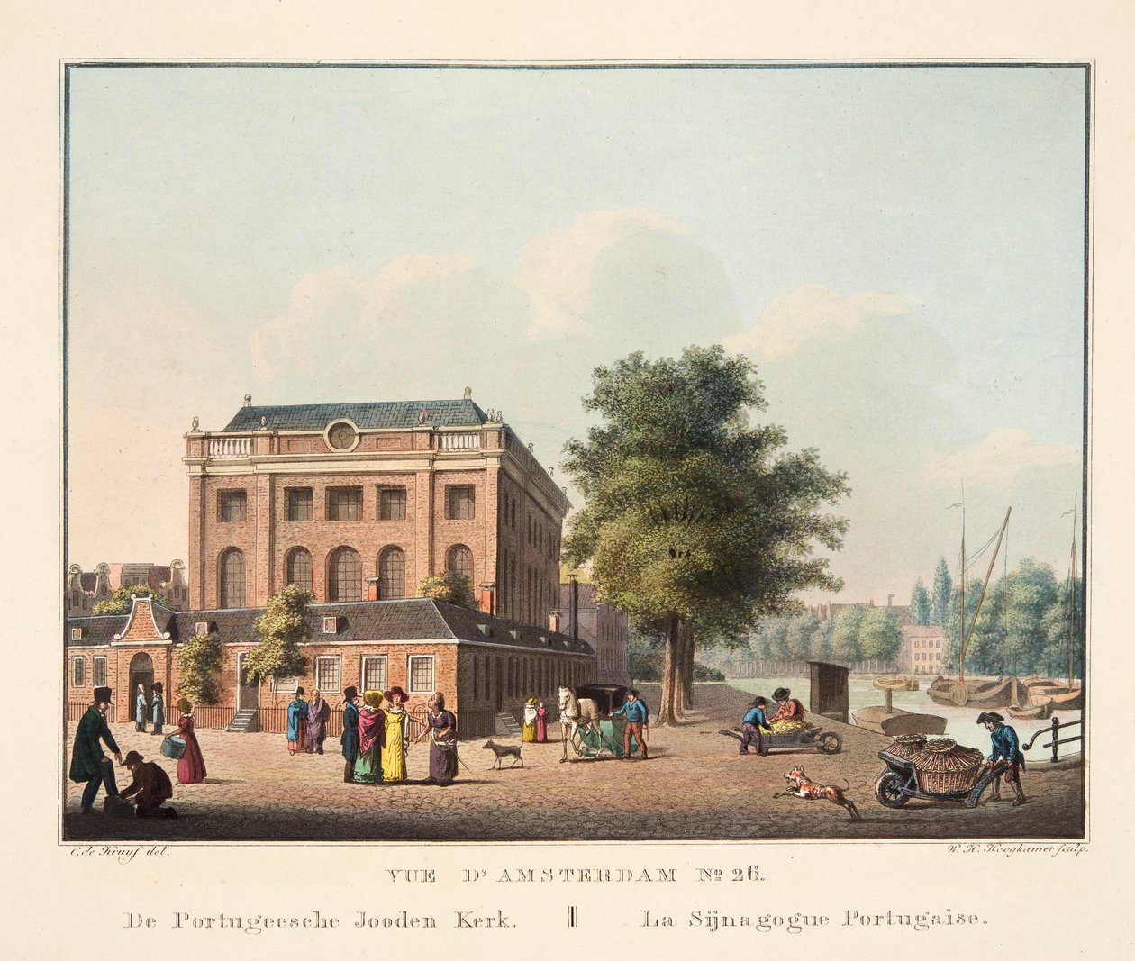 Pohled na Amsterdam č.26. Od Portugalska Jooden Kerk. La Sijnagogue Portugaise, 1825 (ručně kolorovaná rytina) od Cornelis de Kruyff