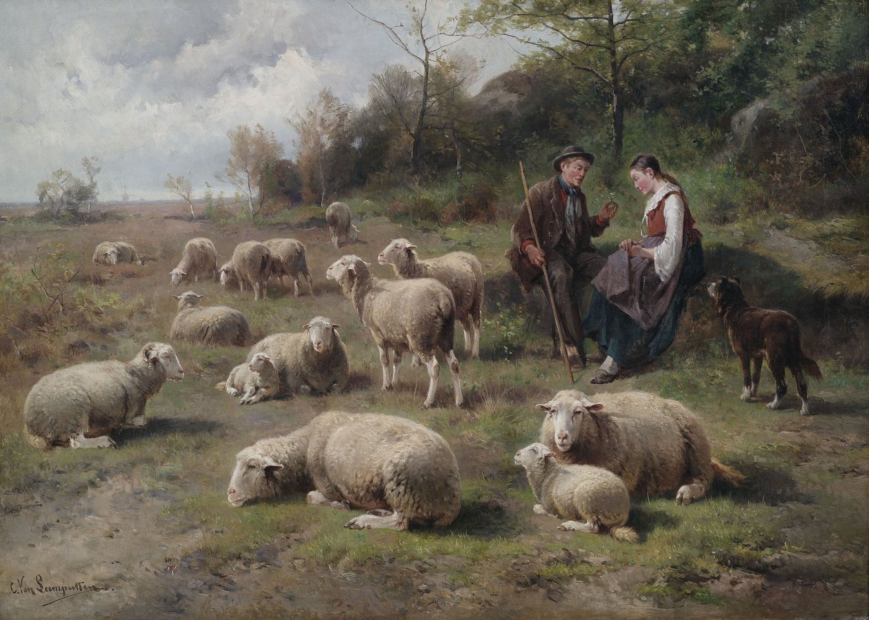 Ovčák pár se stádem na pastvinách od Cornelis van Leemputten
