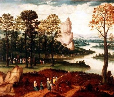 Rozsáhlá zalesněná říční krajina s kázáním sv. Jana Křtitele od Cornelis (after) Massys
