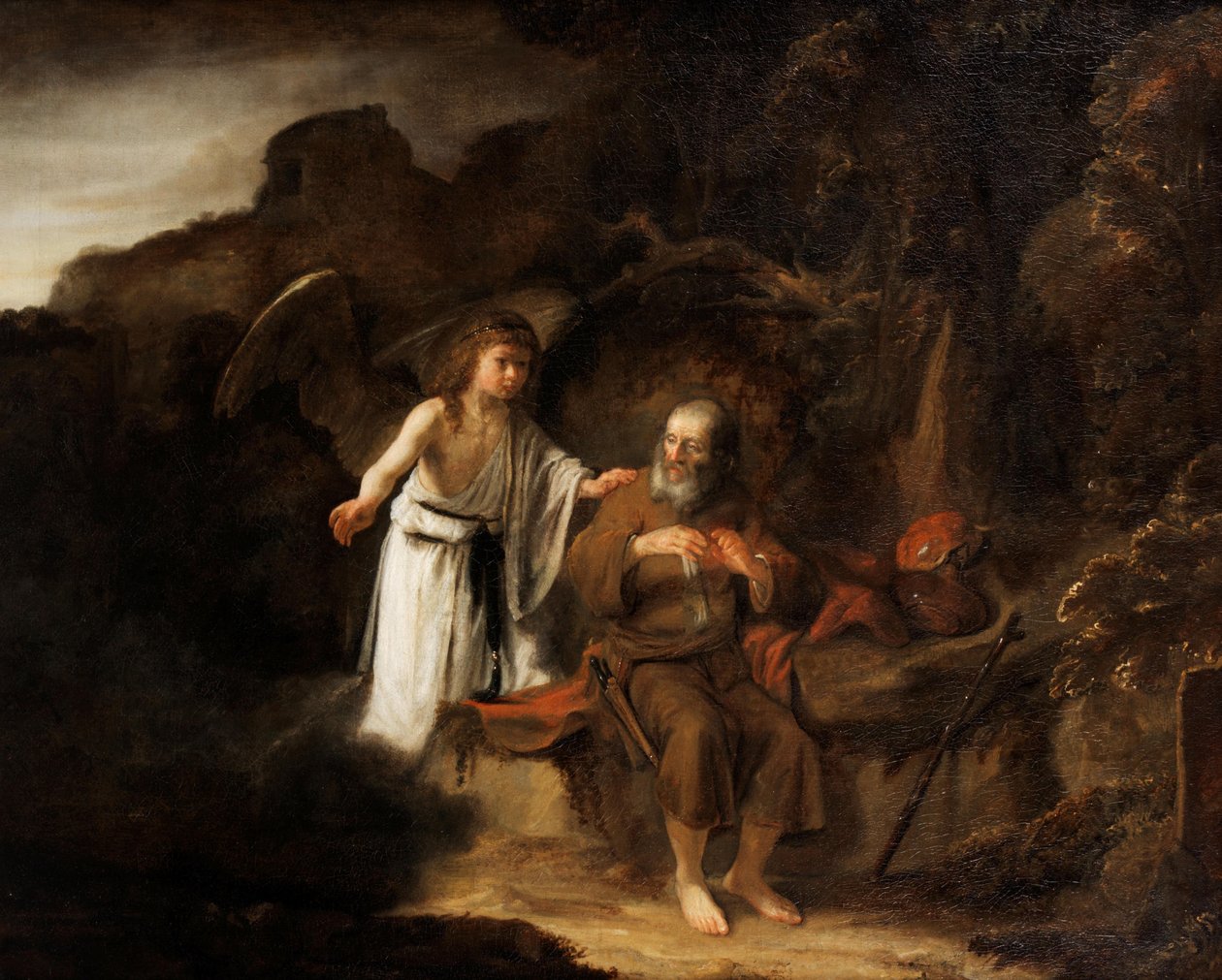 Holandština:  Landschap met Elia en de engel Krajina s Eliášem a andělem od Cornelis Bisschop