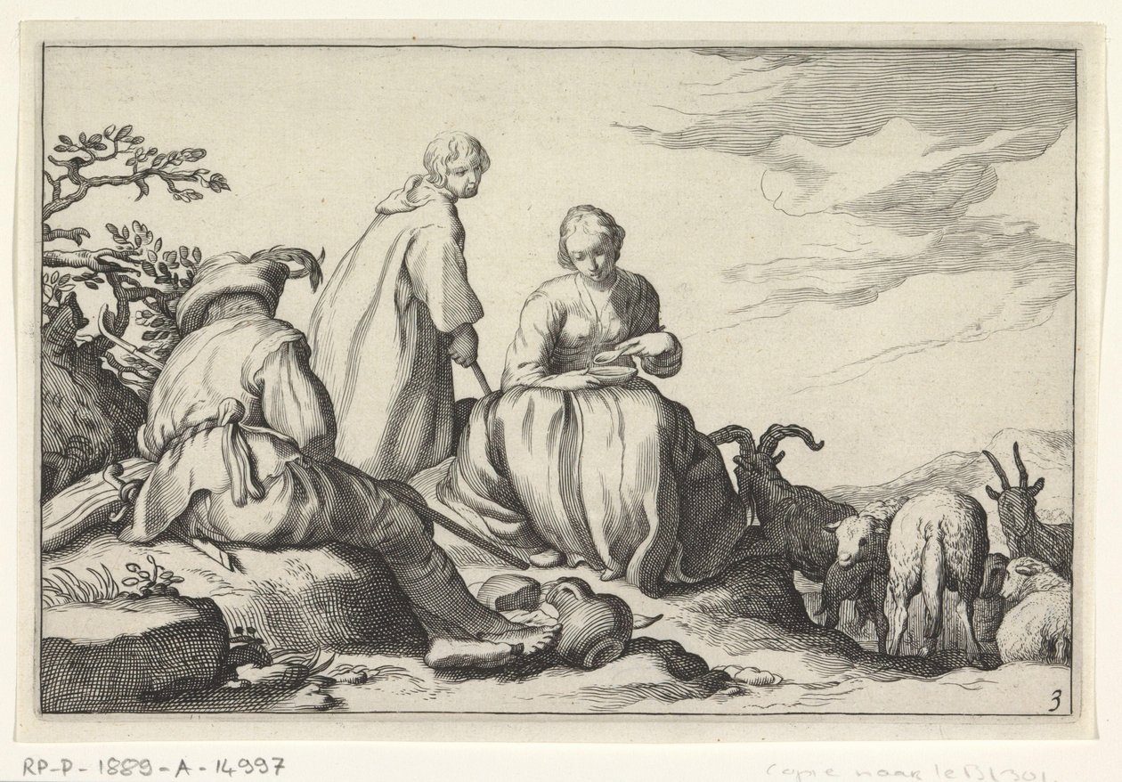 pastevci ovcí Čtyři pastorační scény (název série) od Cornelis Bloemaert (II) (possibly)