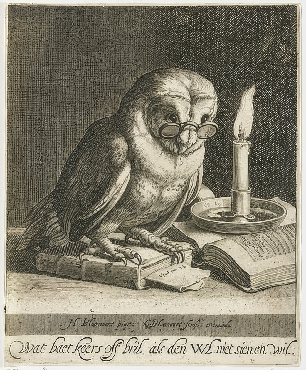 Sova s ​​brýlemi a knihami. Kolem roku 1625 od Cornelis Bloemaert
