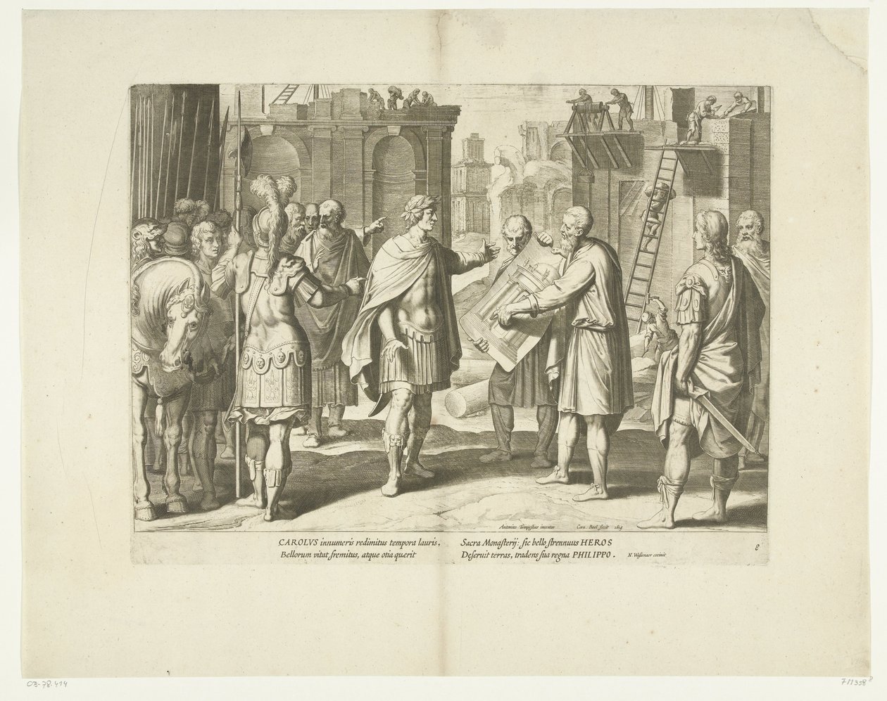 Karel V laat een klooster bouwen, 1555, nr. 8 Scény uit het leven van Karel V (název seriálu) Život císaře Karla V. ve velmi krásných hlubotiskách, vyrytých do návrhů slavného A. Tempeste, dvěma z nejšikovnějších mistrů J. de Gein & od Cornelis Boel
