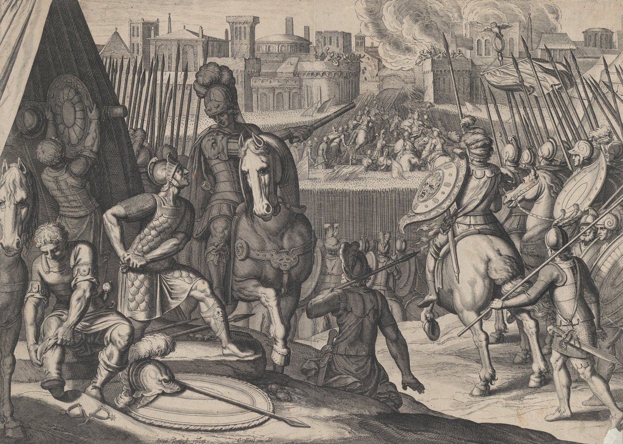 Deska 2: Město Řím dobyté konstáblem z Bourbonu, z triumfů Karla V., 1614. od Cornelis Boel