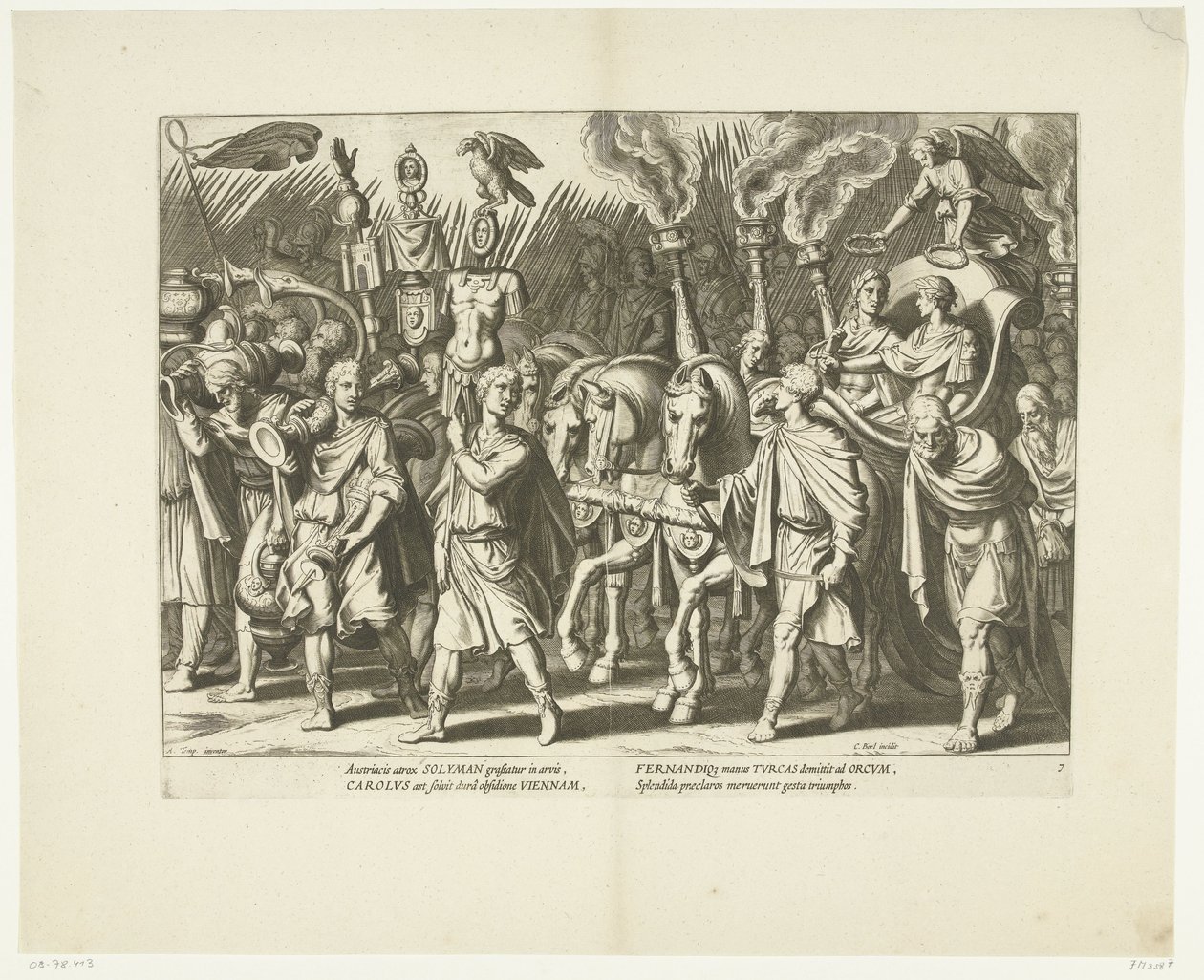Triomfwagen van Karel V en Ferdinand, na de bevrijding van Wenen van de Turken, ca. 1532, č.p. 7 Scény uit het leven van Karel V (název seriálu) Život císaře Karla V. ve velmi krásných hlubotiskách, vyrytých do návrhů slavného A. Tempesta od Cornelis Boel