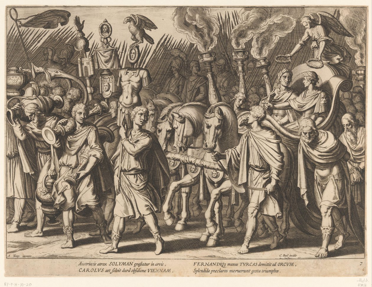 Vítězný pochod Karla V. a jeho bratra Ferdinanda I. po osvobození Vídně, 1529 Triumphs of Charles V (název série) od Cornelis Boel