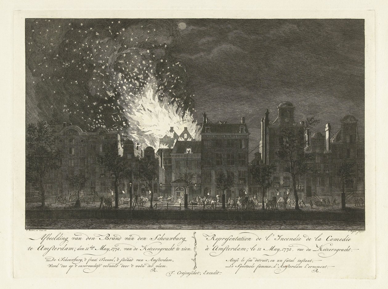 Požár v Amsterdamse Schouwburg při pohledu z druhé strany Keizersgracht, 1772 Zobrazení požáru Schouwburgu v Amsterdamu; 11. května 1772. Z Keizersgracht vidět / Representation de l