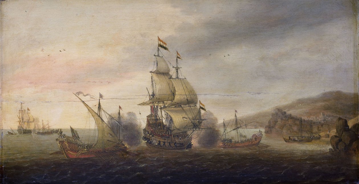 Námořní bitva mezi nizozemskými válečnými muži a španělskými Galeys od Cornelis Bol