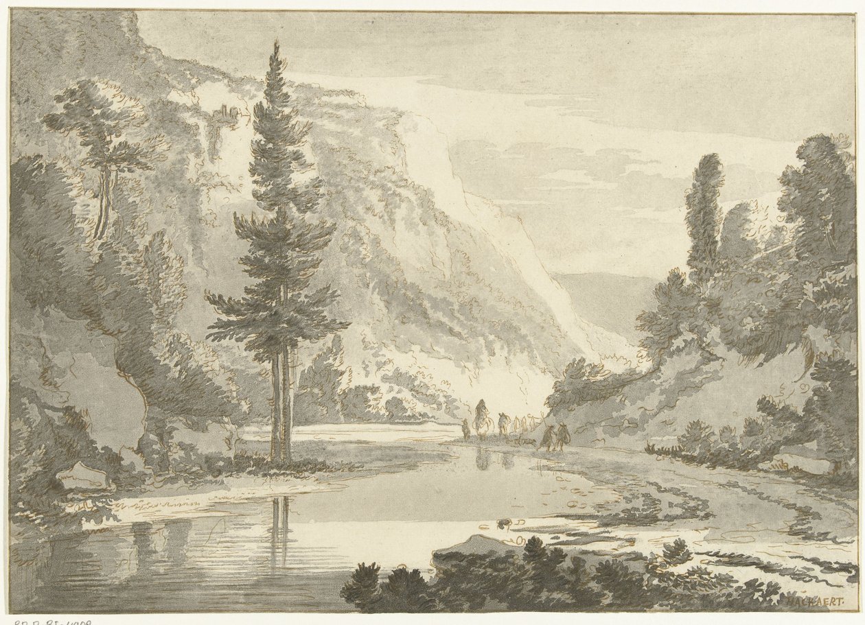 Horská krajina s pastýři na břehu řeky od Cornelis Brouwer