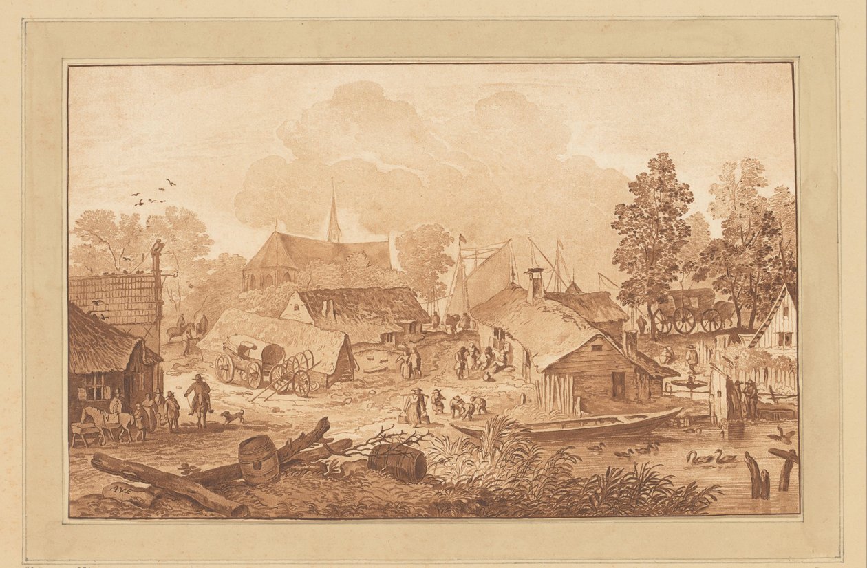 Výhled na vesnici s rybníkem od Cornelis Brouwer