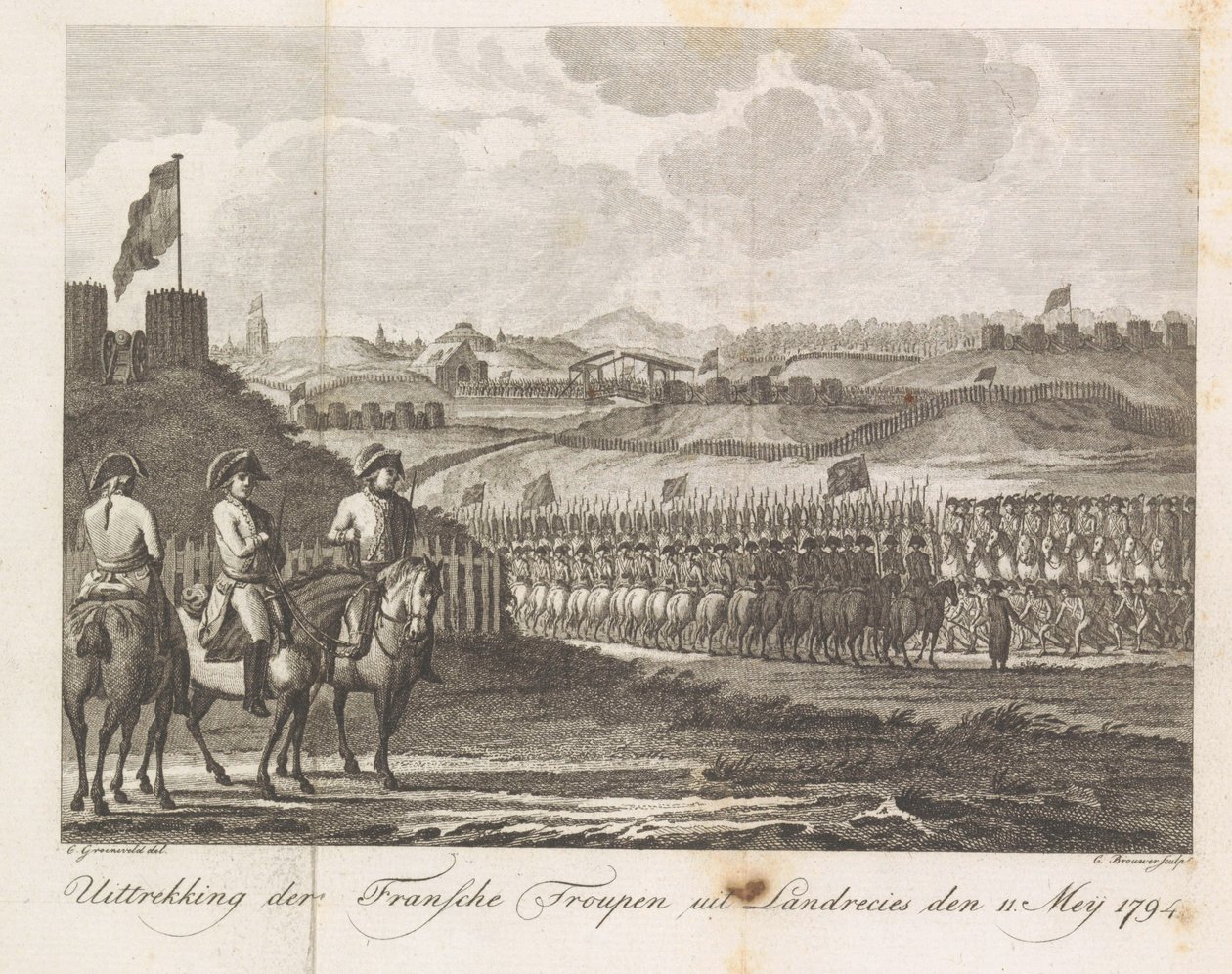 Francouzská vojska opouštějící Landrecy, 1794 Extrakce francouzského Troupen z Landrecies den 11. května 1794 (název na předmětu) od Cornelis Brouwer