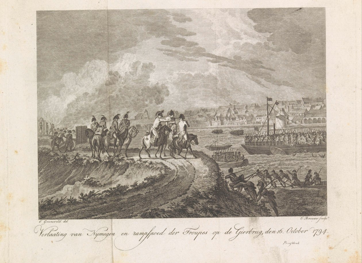 Francouzi ostřelují prchající jednotky na Gierbrugu, 1794 Opuštění Nymegenu a katastrofa družin na Vulture Bridge, 16. října 1794 (název na objektu) od Cornelis Brouwer