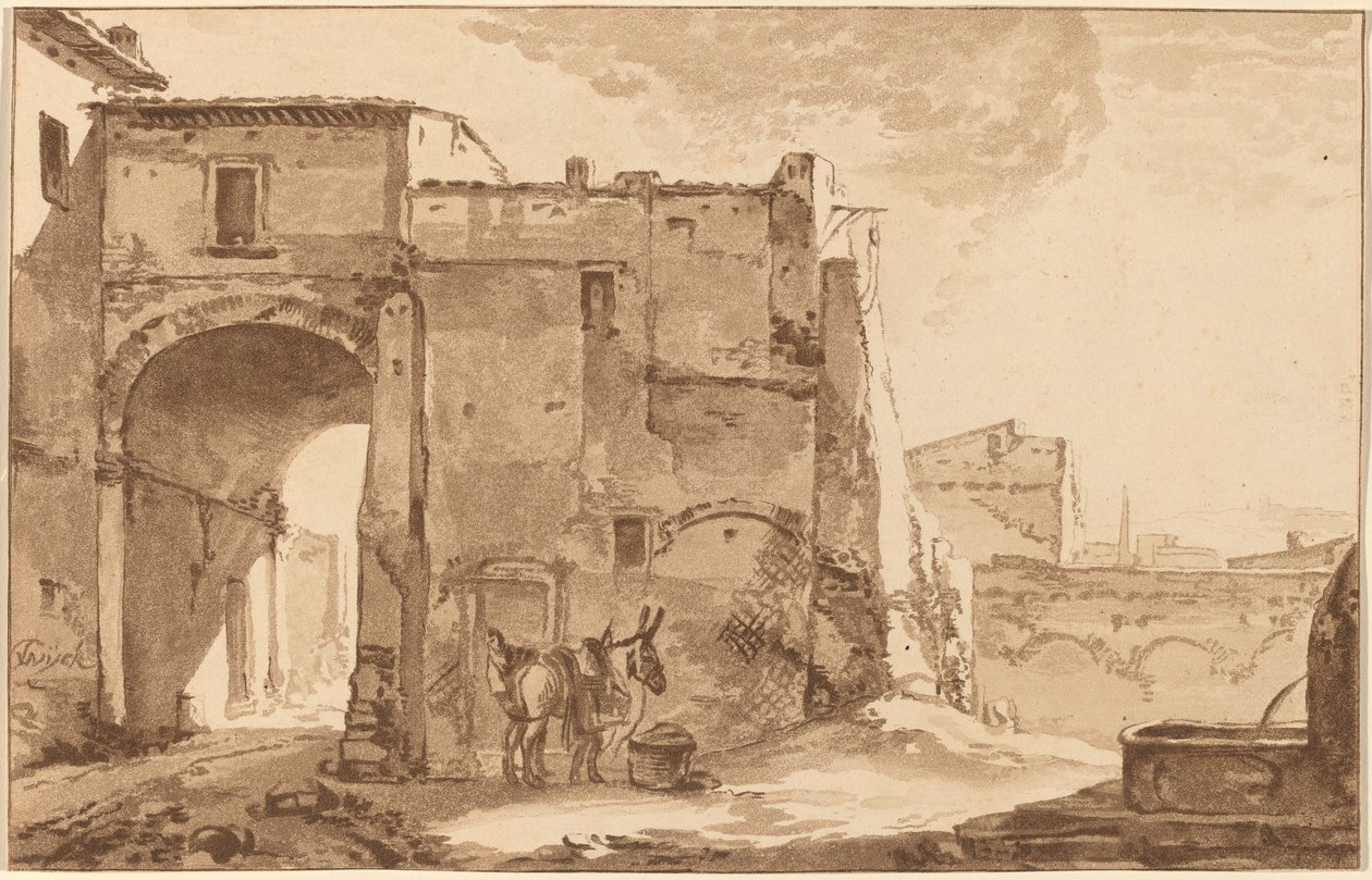 Gateway with Traveler and Mule, 1781, publikováno 1782. od Cornelis Brouwer