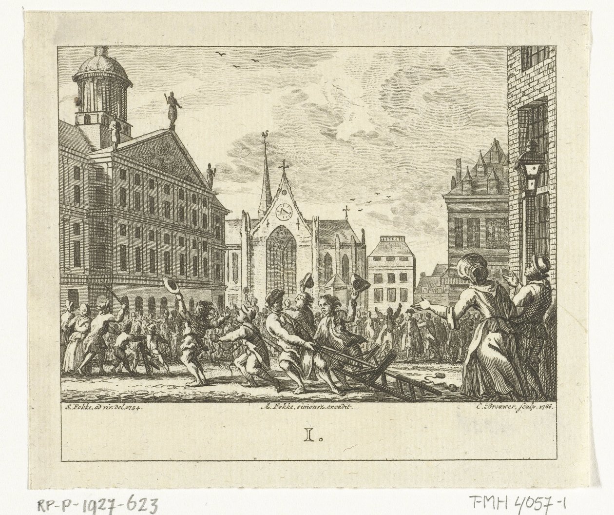 Vzpoura na pohřbu Daniëla Raapa na náměstí Dam v Amsterdamu v roce 1754 od Cornelis Brouwer