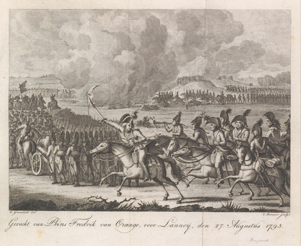 Princ William George Frederik v bitvě u Lannoy, 1793 Bitva u prince Fredericka Oranžského, před Lannoyem, 27. srpna 1793 (název na předmětu) od Cornelis Brouwer