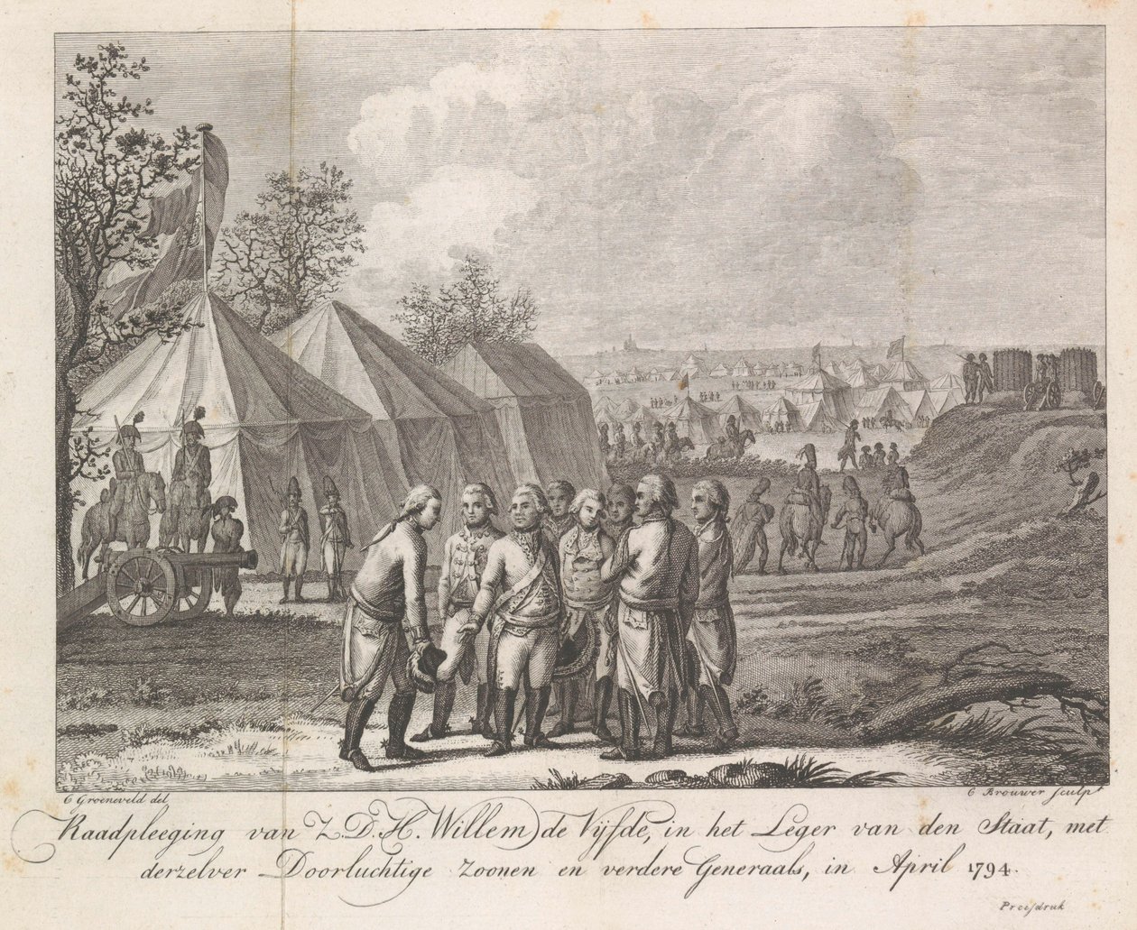 William V se svými syny v vojenském táboře, 1794 Konzultace Z.D.H. William Pátý, v armádě státu, se svými klidnými syny a dalšími generály, v dubnu 1794 (název na předmět) od Cornelis Brouwer
