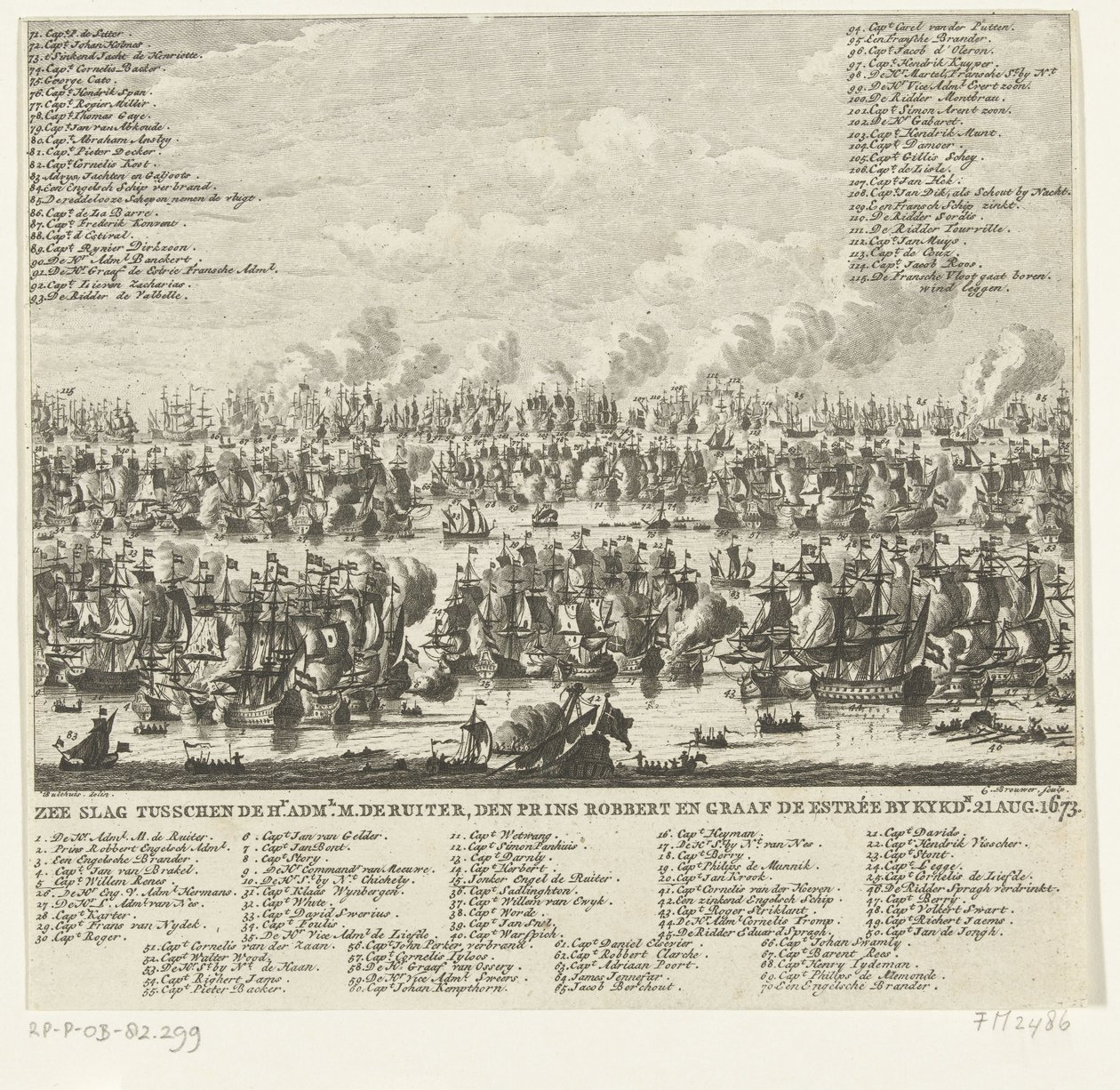 Bitva u Kijkduinu, 1673 Námořní bitva mezi Hr. admin. M. de Ruiter, princ Robbert a hrabě de Estrée od Kykdn. 21. srpna 1673 (název na objektu) od Cornelis Brouwer