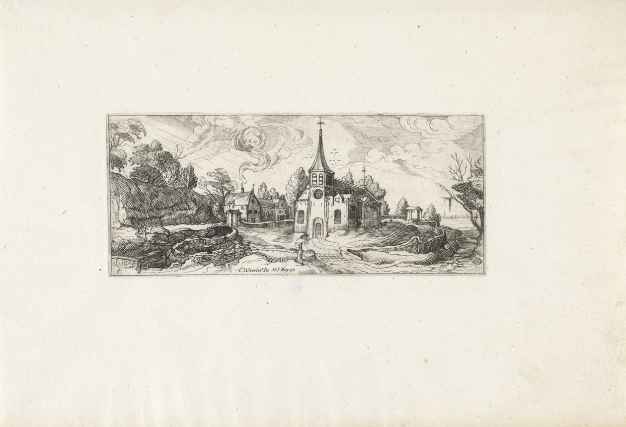 Krajina s výhledem na kostel ve vesnici Krajiny (název série) od Cornelis Claesz van Wieringen (possibly)