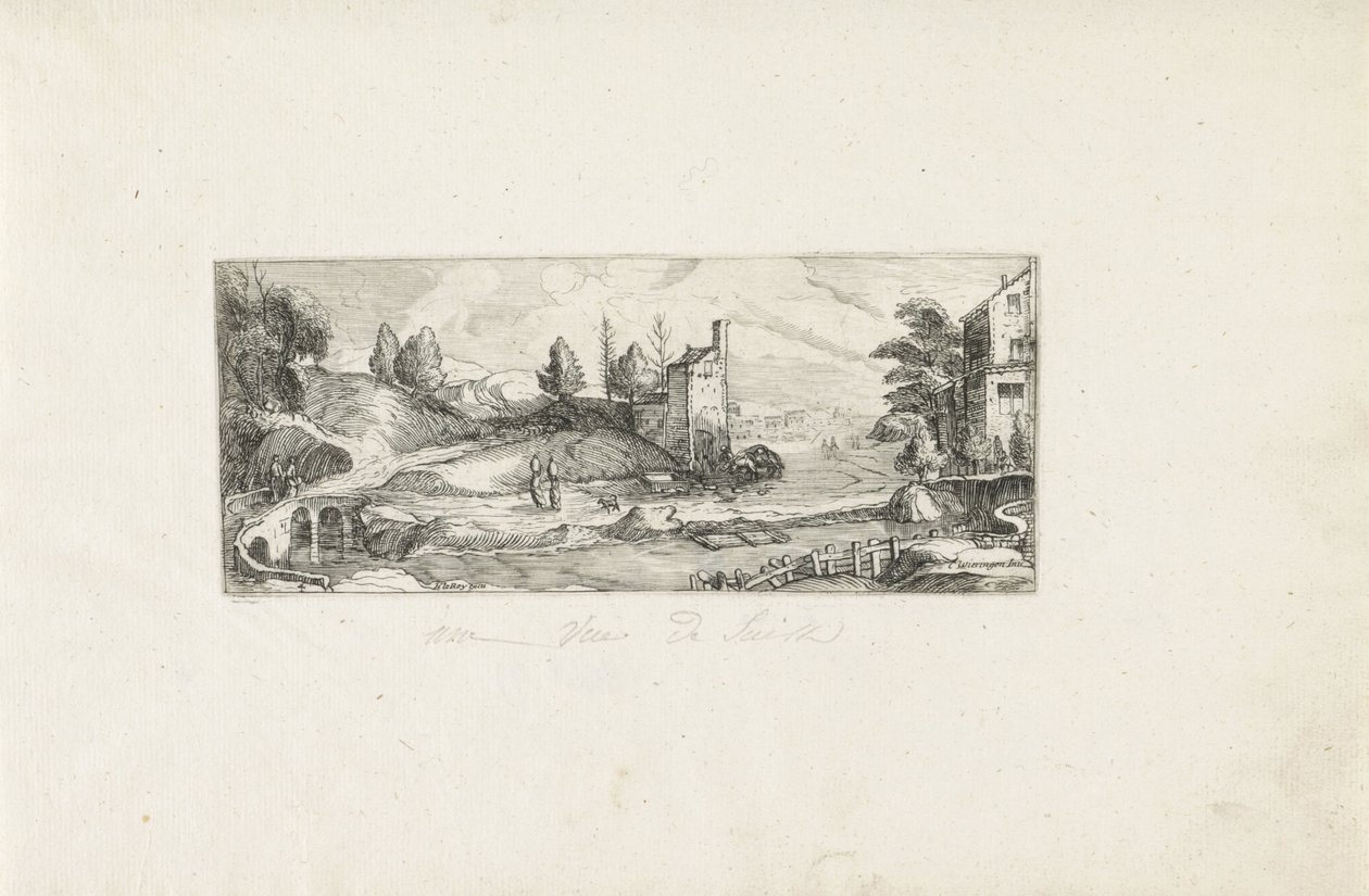 Říční krajina se dvěma ženami na mostě Krajiny (název série) od Cornelis Claesz van Wieringen (possibly)