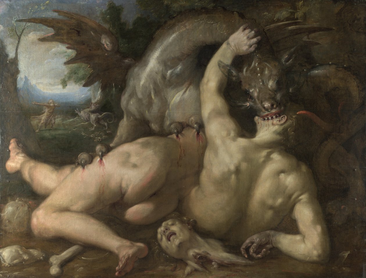 Dva následovníci Cadma pohlceni drakem, 1588 od Cornelis Cornelisz. Haarlem van