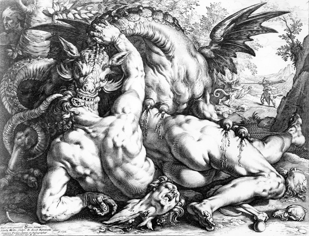 Drak požírající Cadmusovy společníky, vyrytý Hendrikem Goltziem, 1588 od Cornelis Cornelisz van Haarlem