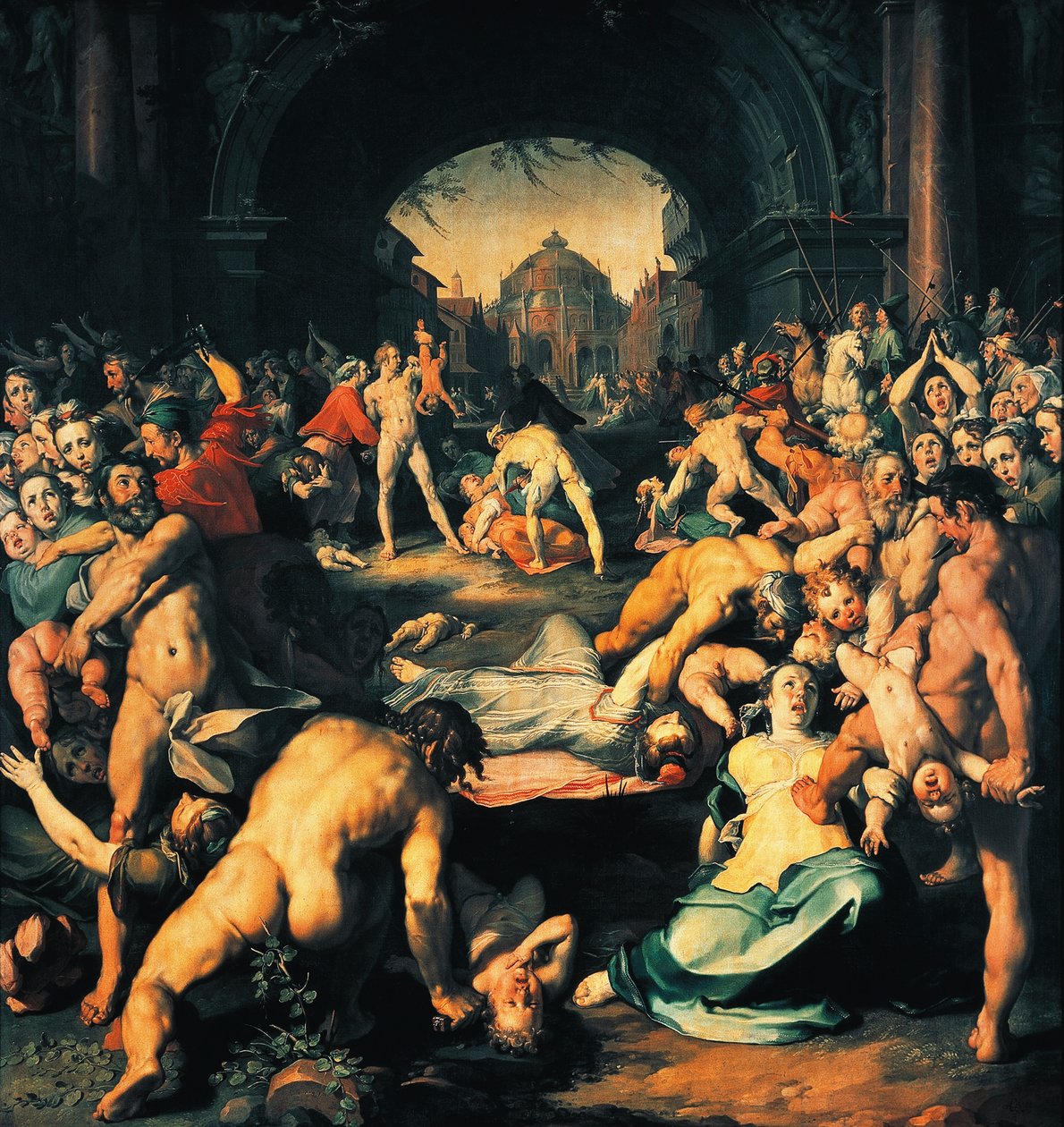 Masakr nevinných, ústřední panel triptychu, Cornelis Cornelisz van Haarlem (1562-1638) od Cornelis Cornelisz. van Haarlem