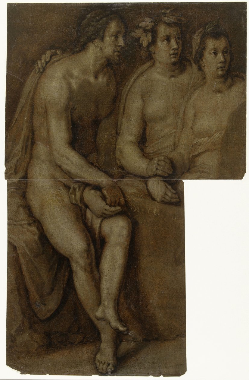 Polodlouhé studie sedícího nahého muže a dvou žen od Cornelis Cornelisz. van Haarlem