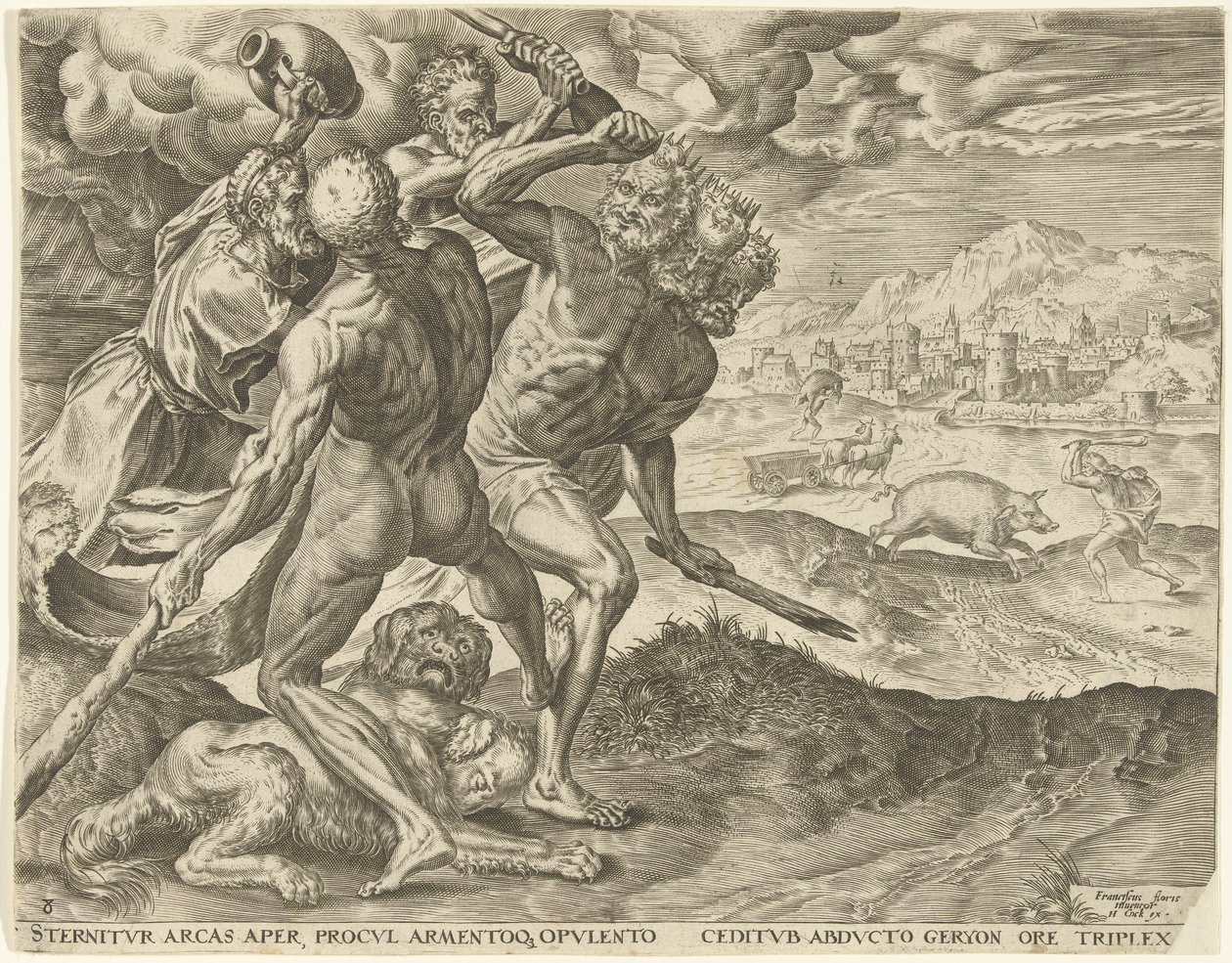 Hercules zabije Geryona a jeho psa Labors of Hercules (název série) od Cornelis Cort