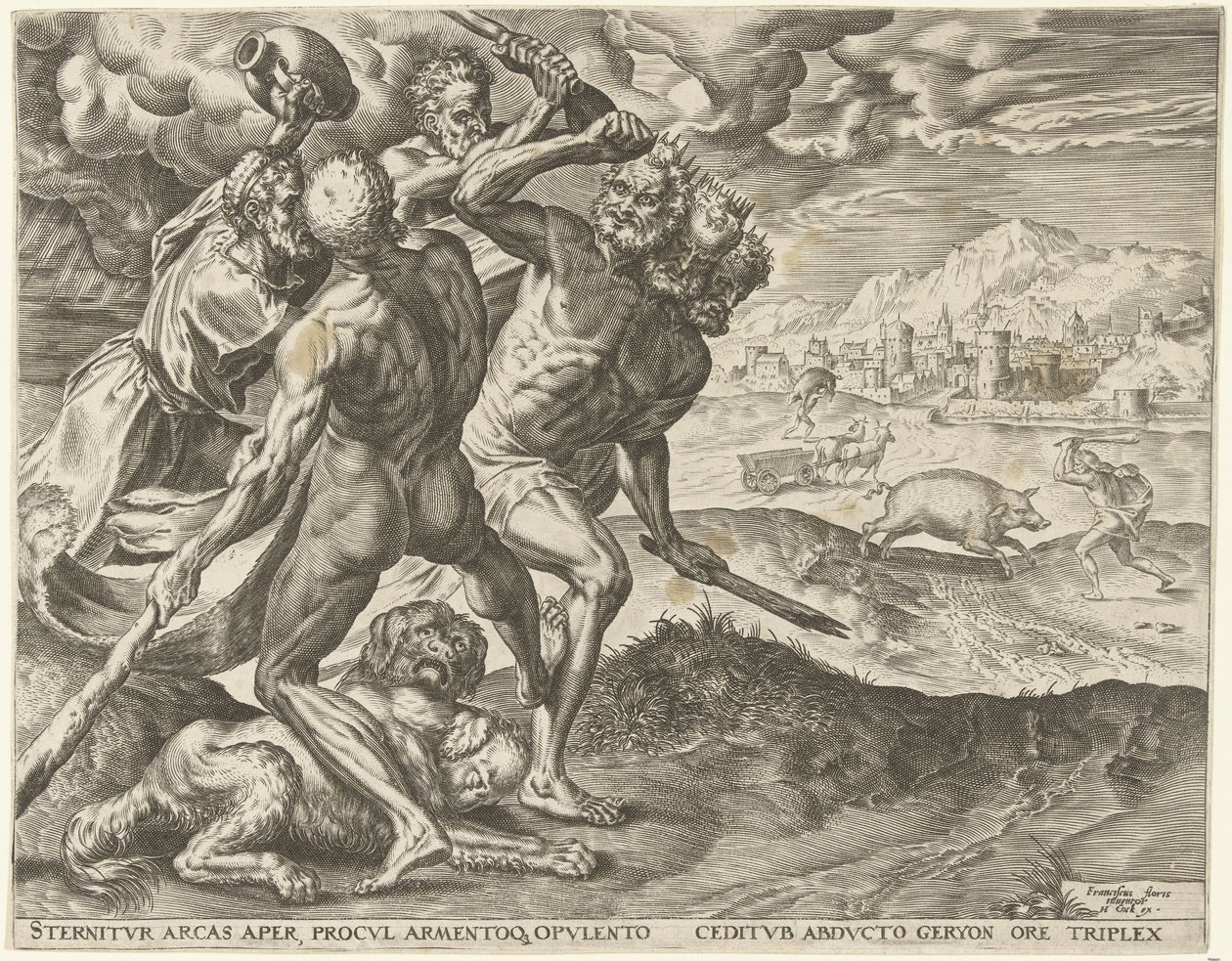 Hercules zabije Geryona a jeho psa Labors of Hercules (název série) od Cornelis Cort