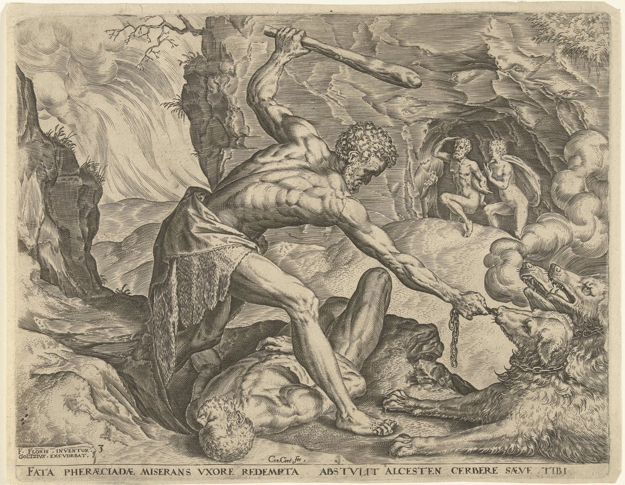 Herkules vytáhne Cerbera z pekla Labors of Hercules (název série) od Cornelis Cort