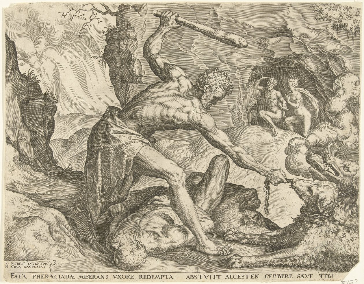 Herkules vytáhne Cerbera z pekla Labors of Hercules (název série) od Cornelis Cort