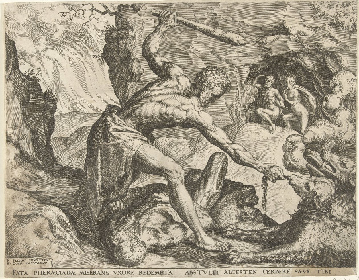 Herkules vytáhne Cerbera z pekla Labors of Hercules (název série) od Cornelis Cort