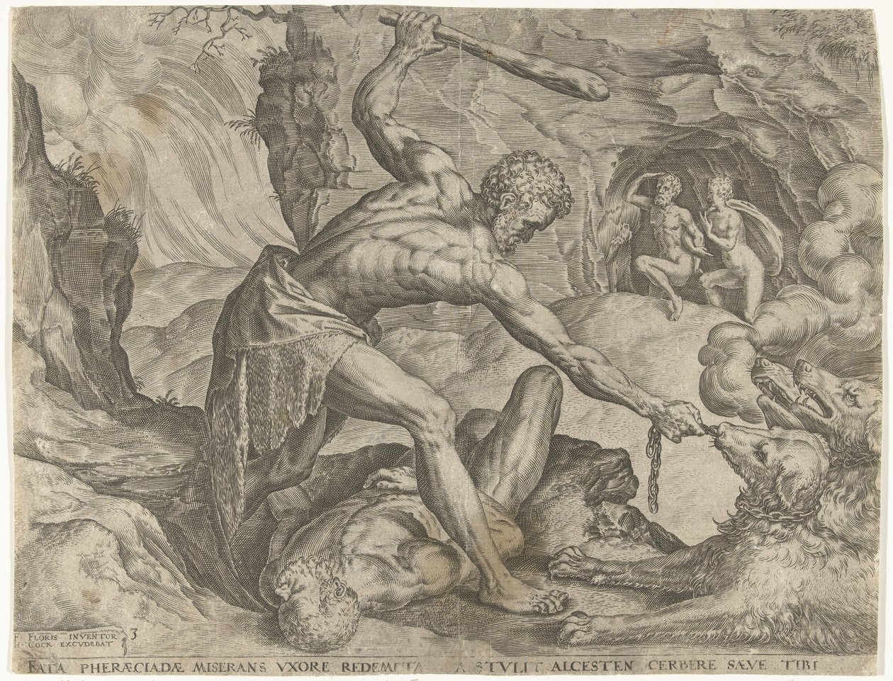 Herkules vytáhne Cerbera z pekla Labors of Hercules (název série) od Cornelis Cort