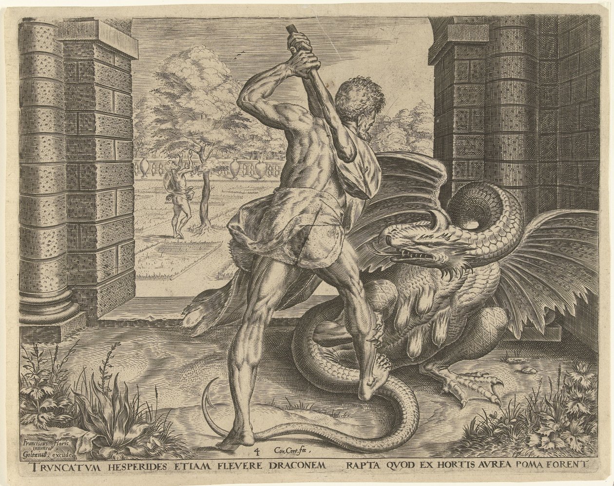 Herkules krade zlatá jablka Hesperidek Labors of Hercules (název série) od Cornelis Cort