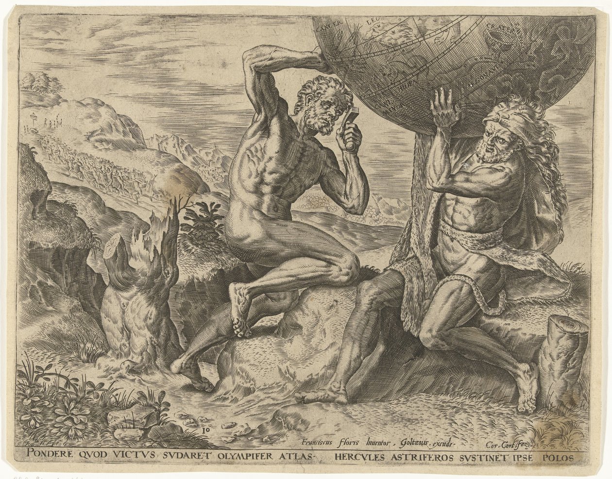 Herkules nese zeměkouli pro Atlas Labors of Hercules (název série) od Cornelis Cort