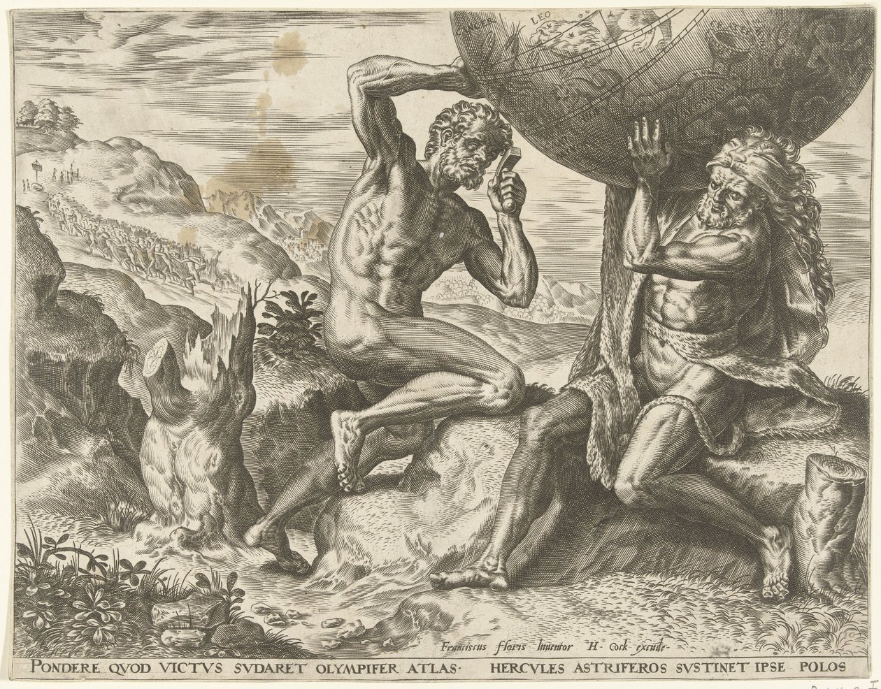 Herkules nese zeměkouli pro Atlas Labors of Hercules (název série) od Cornelis Cort