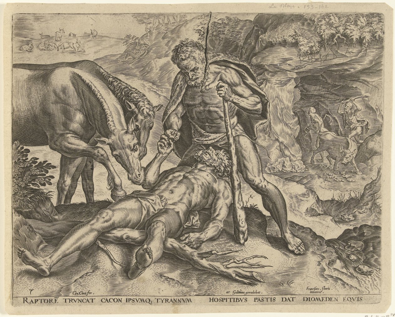 Herkules krmí Diomeda svým koním Labors of Hercules (název série) od Cornelis Cort