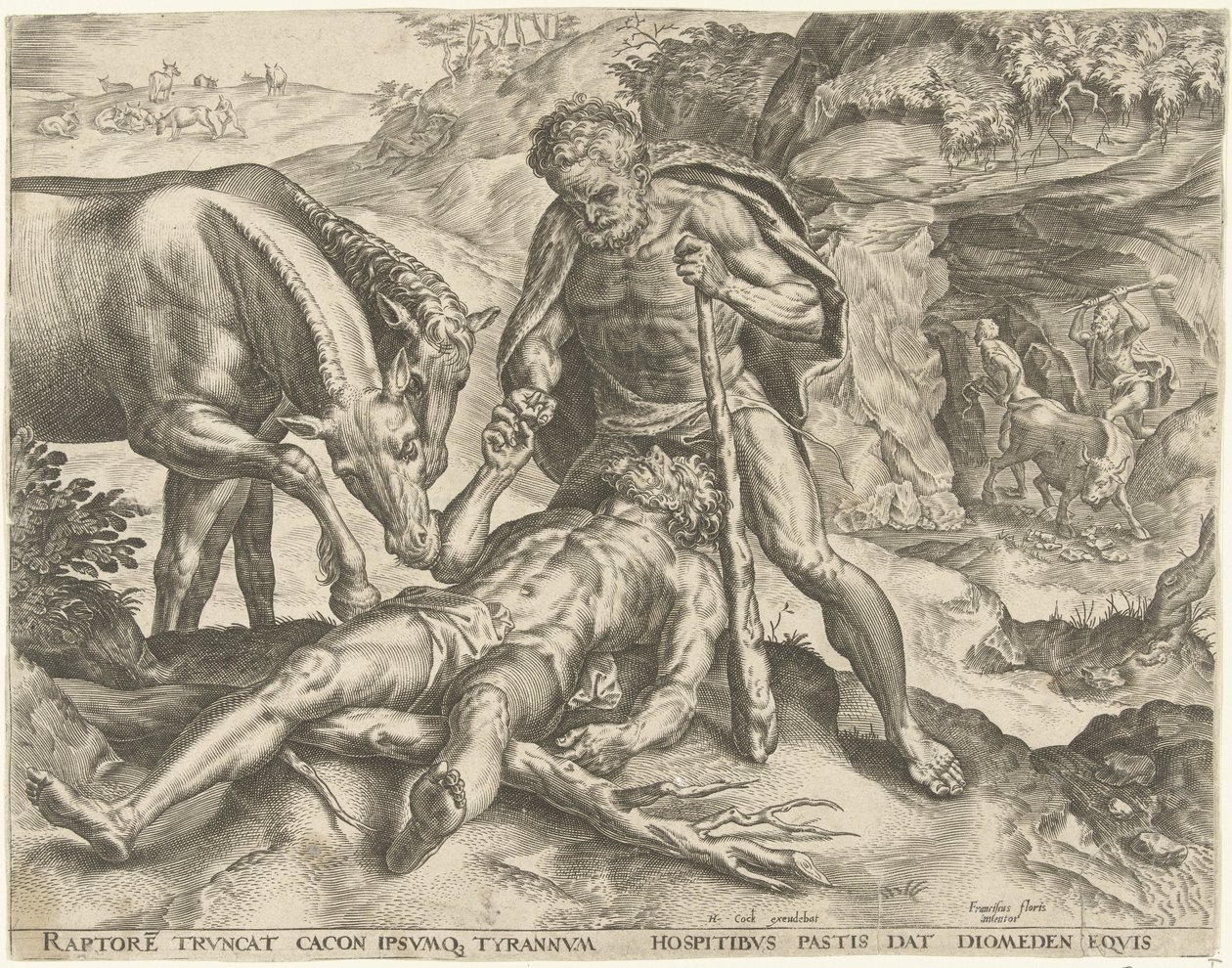Herkules krmí Diomeda svým koním Labors of Hercules (název série) od Cornelis Cort
