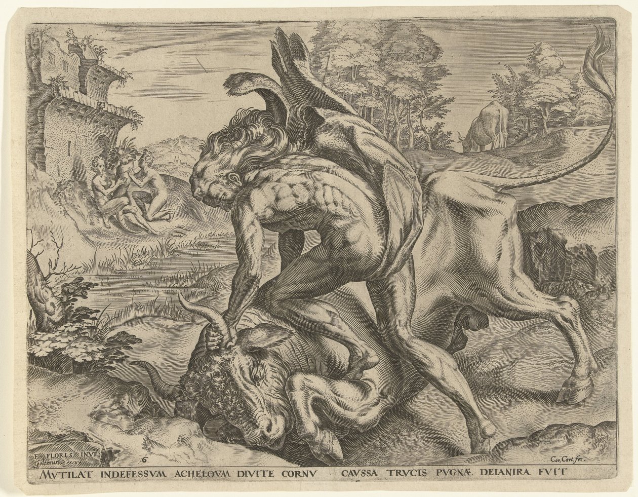 Hercules zápasí s Achelousem Labors of Hercules (název série) od Cornelis Cort