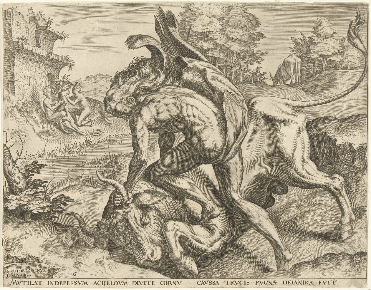 Hercules zápasí s Achelousem Labors of Hercules (název série) od Cornelis Cort