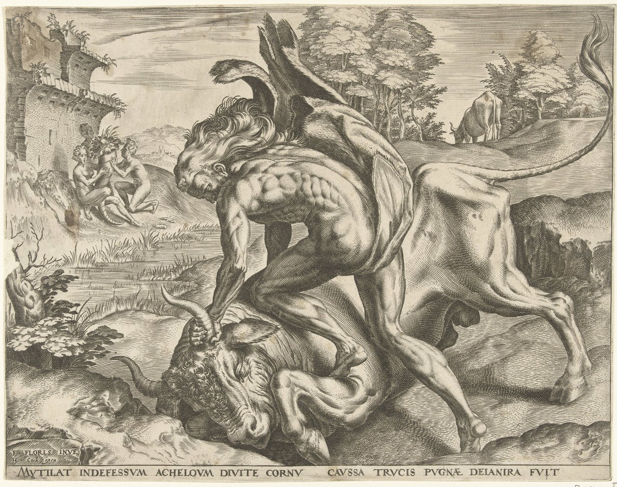 Hercules zápasí s Achelousem Labors of Hercules (název série) od Cornelis Cort