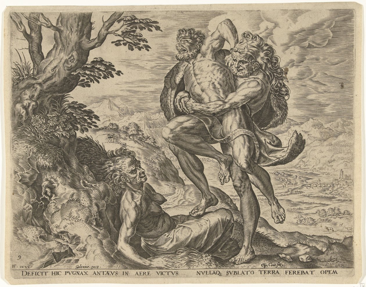 Herkules zápasí s Antaeem Labors of Hercules (název série) od Cornelis Cort