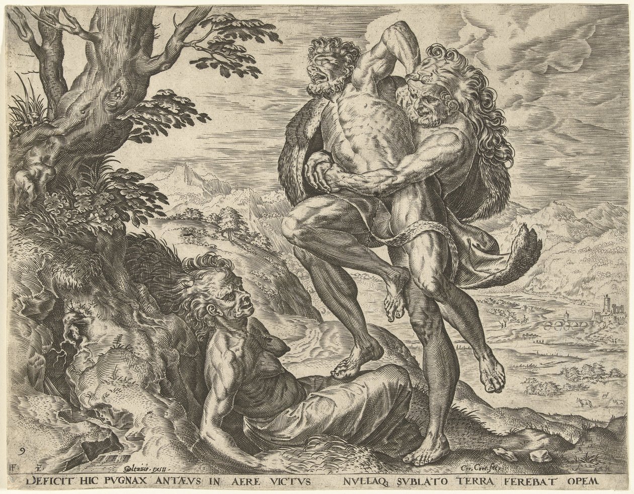 Herkules zápasí s Antaeem Labors of Hercules (název série) od Cornelis Cort