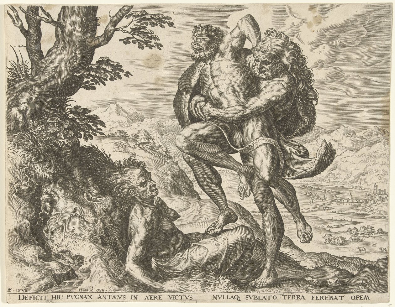 Herkules zápasí s Antaeem Labors of Hercules (název série) od Cornelis Cort