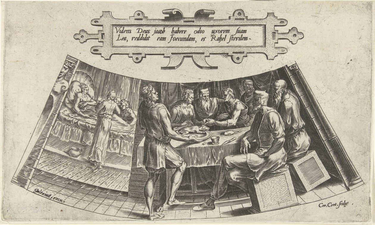 Manželství Jacoba a Leah a narození jejich prvního dítěte The History of Jacob (název série) od Cornelis Cort