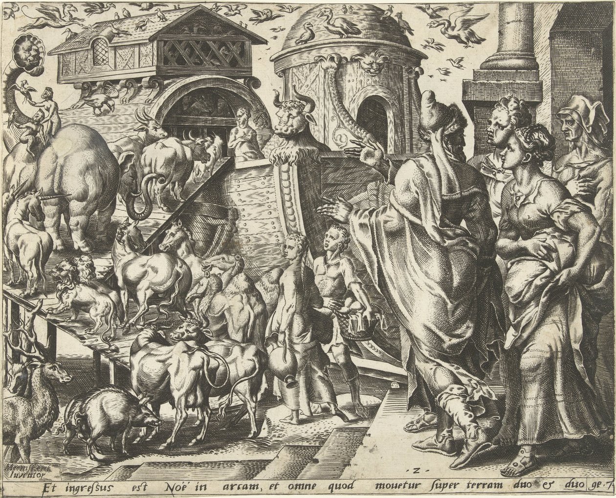 Noe jde na palubu archy se svou rodinou a zvířaty The History of Noah (název série) od Cornelis Cort