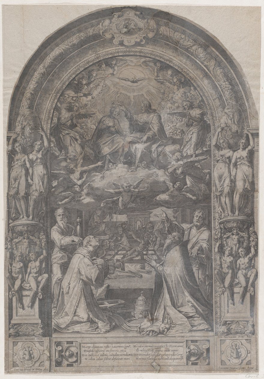Korunovace Panny Marie se svatým Vavřincem, svatým Pavlem, svatým Petrem a svatým Sixtem, 1576. od Cornelis Cort